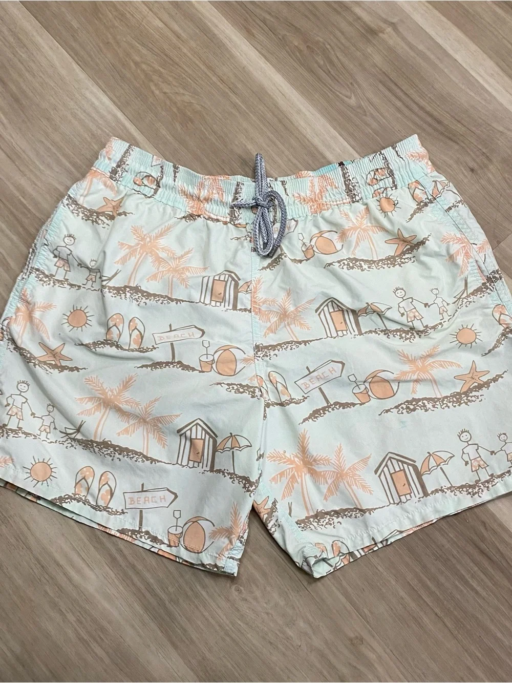 Vilebrequin Swim Trunks Mens XXL Blue Tan Beach Scene Graphic Trunks Shorts